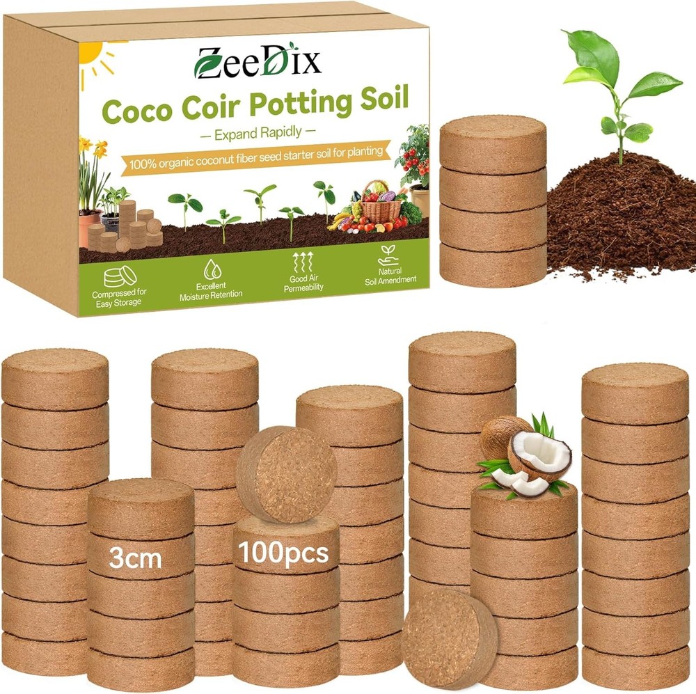 30mm Organic Coco Coir Seed Starter Pellets - 100 Pack Compressed Coconut