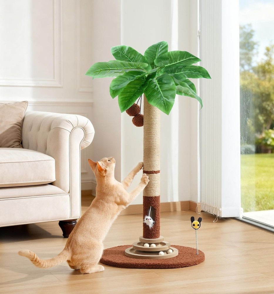 Made4Pets 35" Tall Cat Scratching Post with Sisal Rope, Interactive Hanging B...