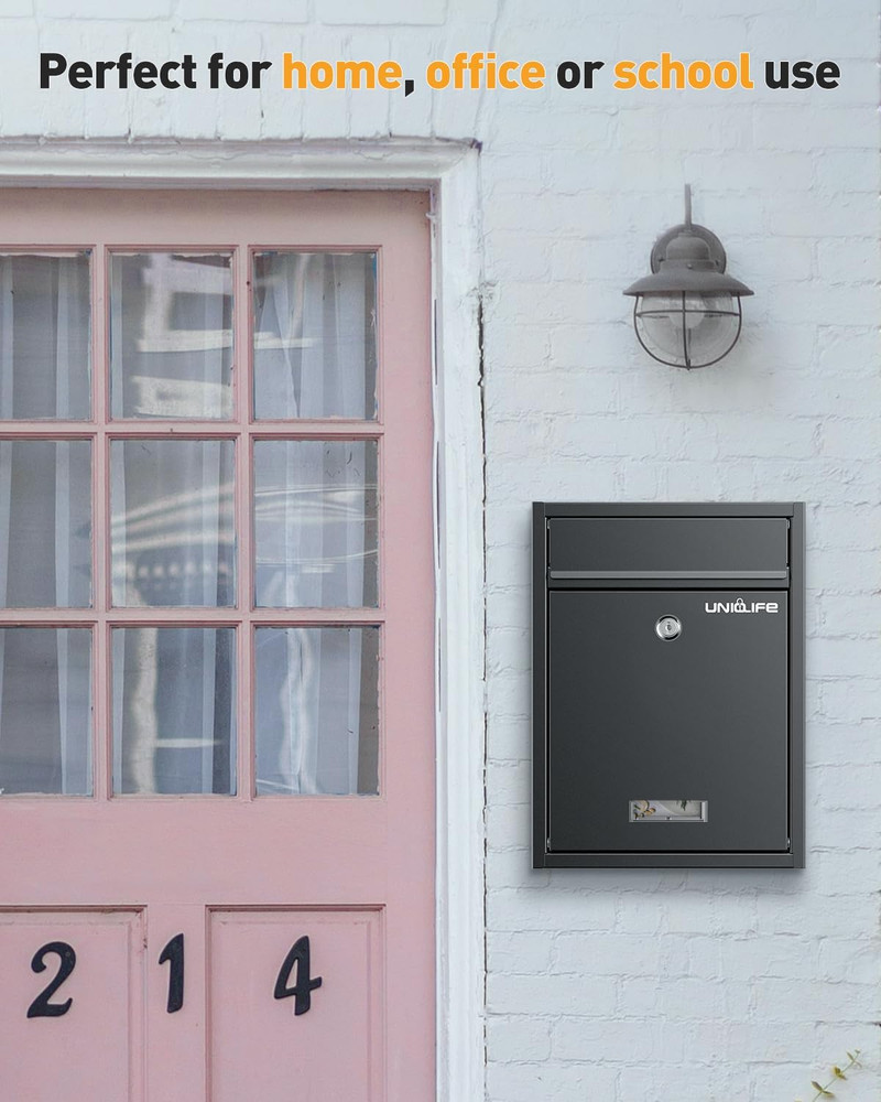 Locking Wall Mount Mailbox Large Black Steel Secure Mail Box Key Drop