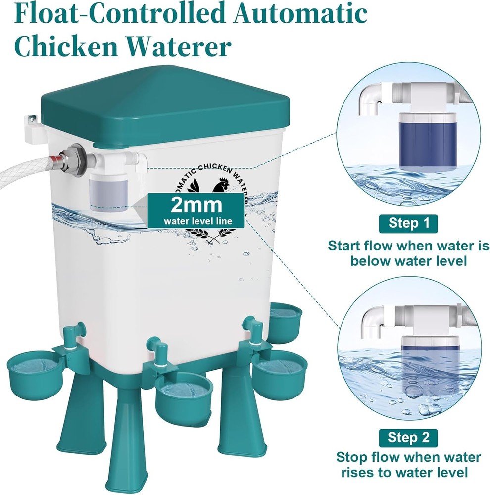 Chicken Waterer, 3 Gallons Automatic Chicken Waterers with 5Ft Pipe, Float Contr