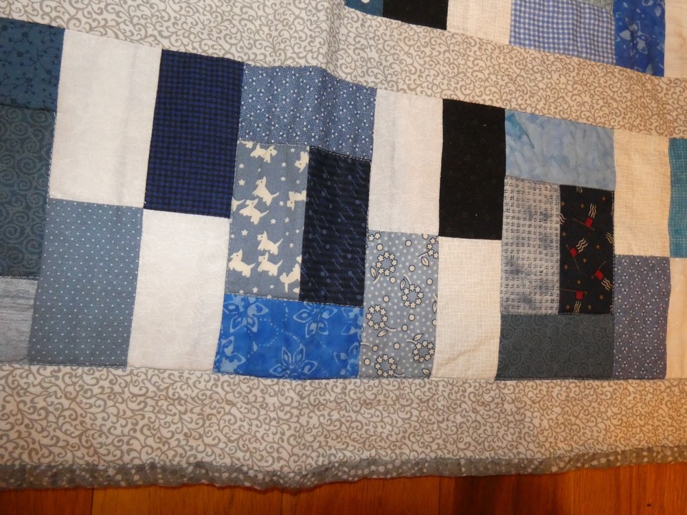 Blue Rectangles Handmade Quilt Pieced Child Prints 33 x 39"