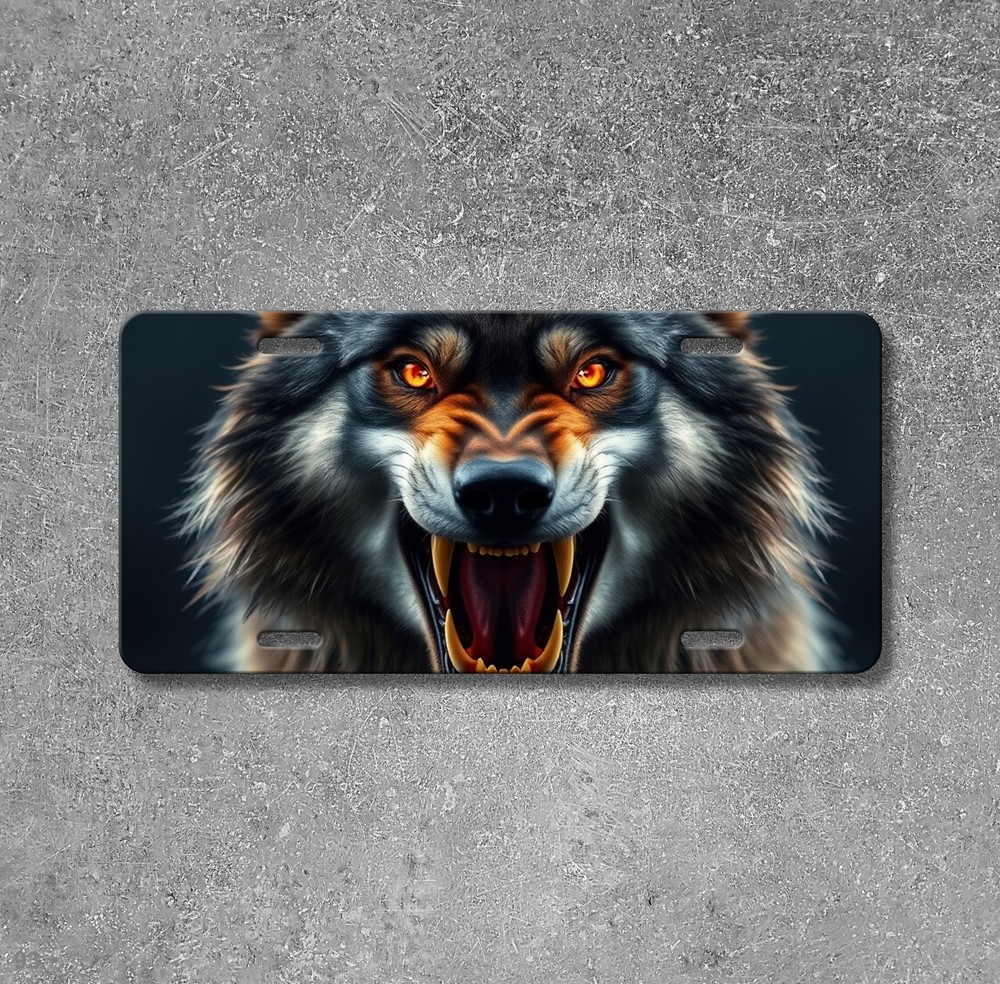 Hyperrealistic Wolf License Plate Fierce Expression Add Text Universal Fit Plate
