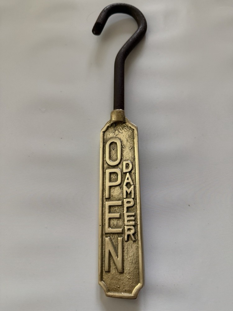 Vtg Solid Brass & Iron Fireplace Damper Open/Closed Hanging Sign Flue Pull Hook