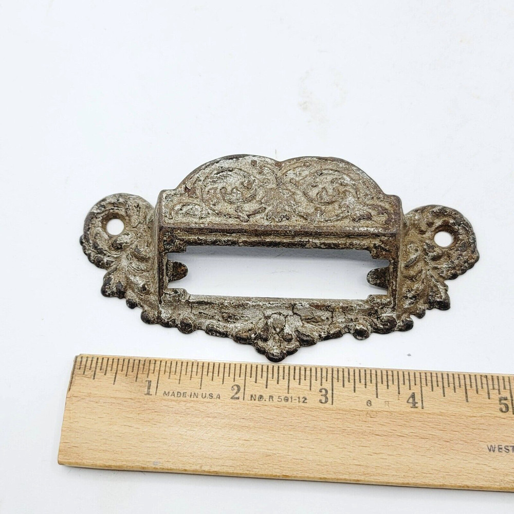 Vintage SINGLE Bin Pull Drawer Ornate Label Slot Hardware Reclaimed 4"