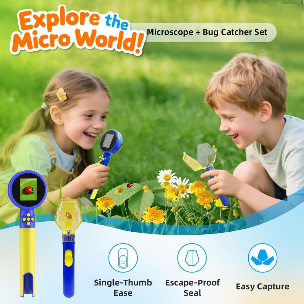 Kids Microscope with Bug Catcher Kit, 1080P Digital Mini Handheld Blue