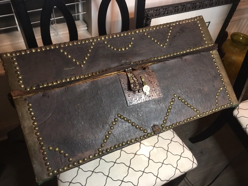 AUTHENTIC ANTIQUE PORTUGESE STUDDED LEATHER STORAGE TRUNK