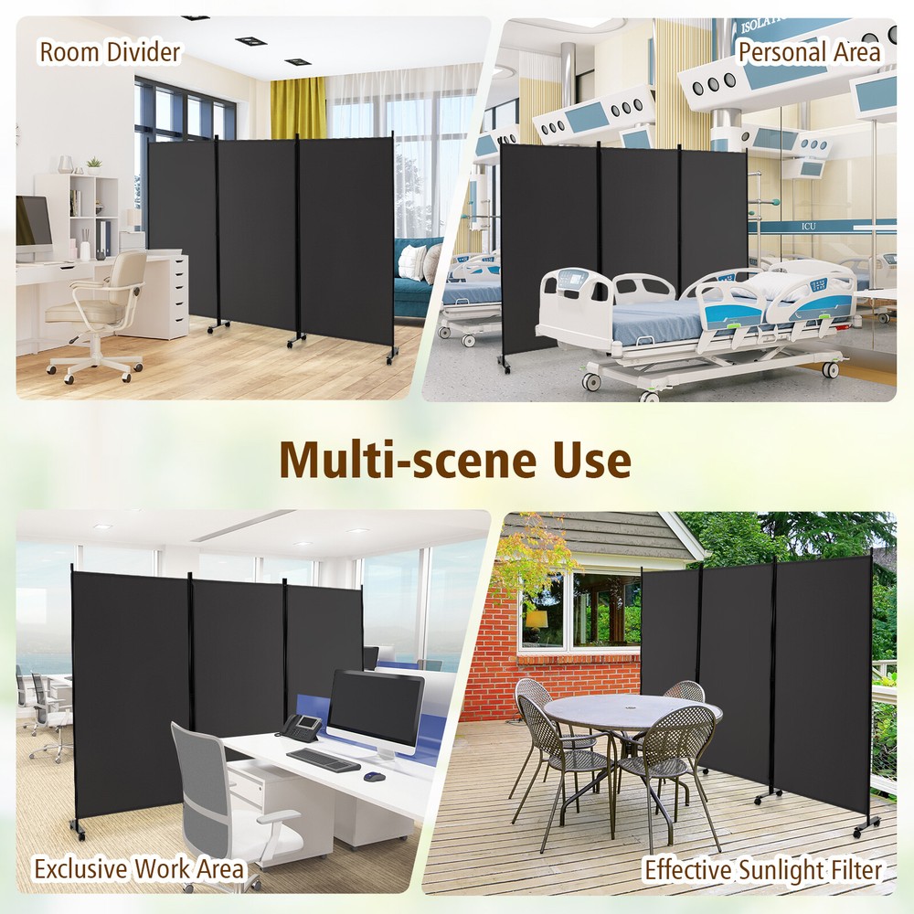 3-Panel Folding Room Divider 6Ft Rolling Privacy Screen w/Lockable Wheels Grey