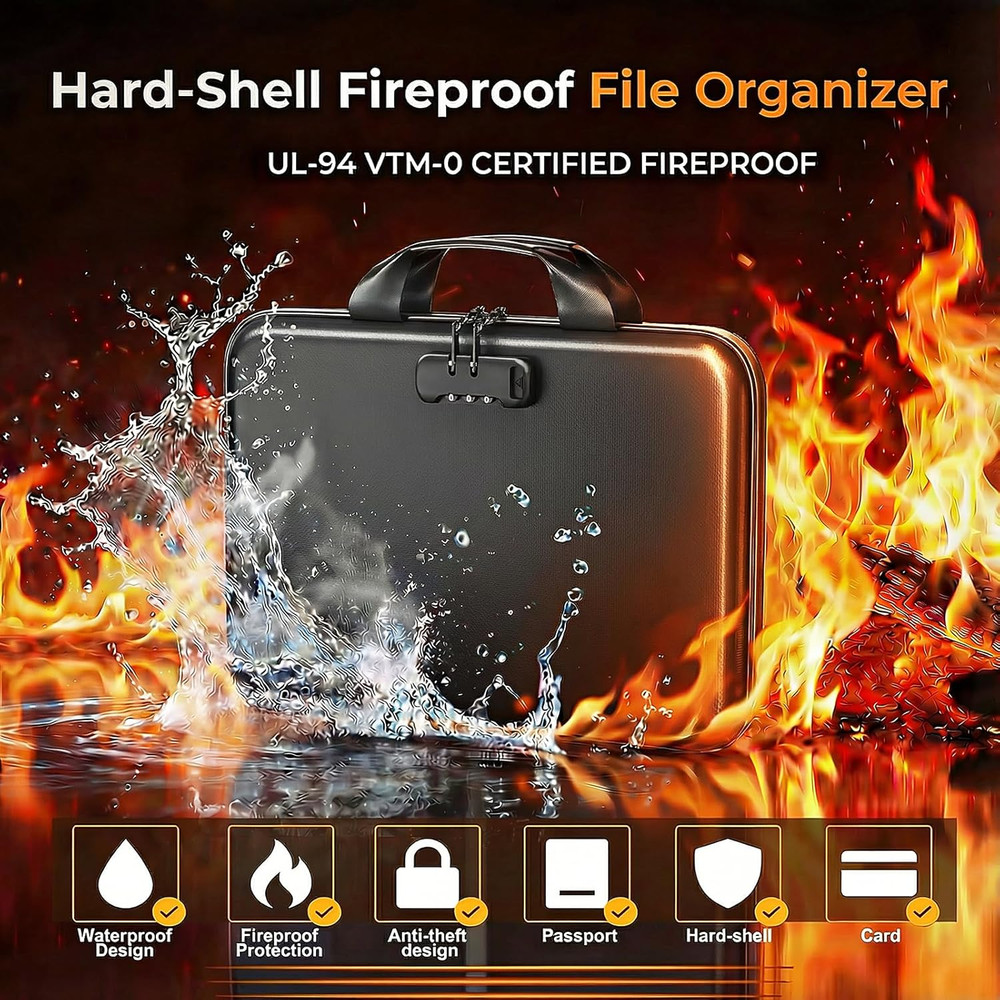Fireproof Accordion File Organizer with Lock,Hard-Shell Fireproof Document Box w