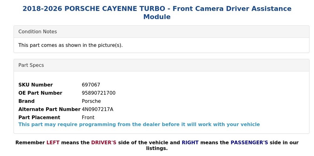 2018-2026 PORSCHE CAYENNE TURBO - Front Camera Driver Assistance Module