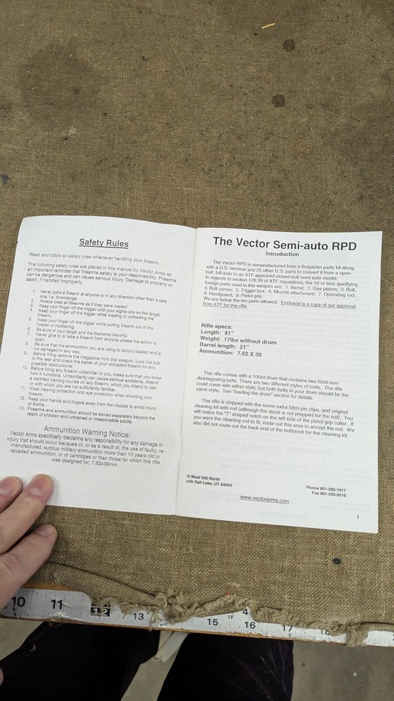 Instruction Manual, Vector Semi-Auto RPD Owners manual