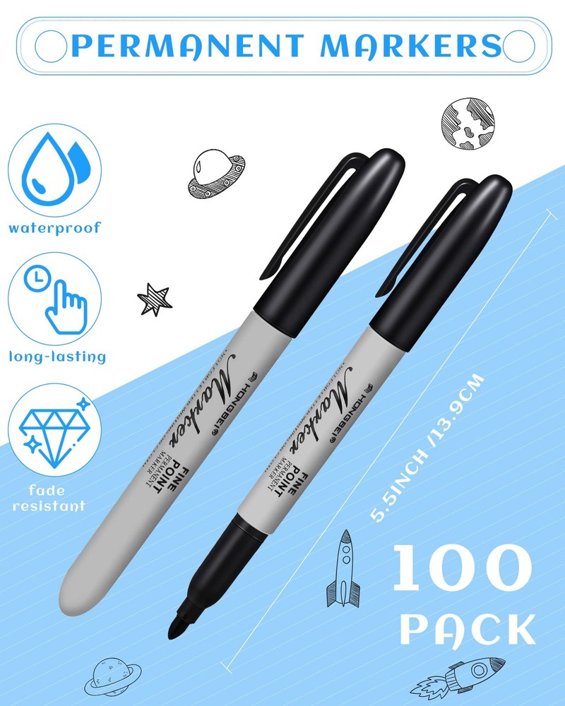 100 Pack Permanent Markers Bulk Black Permanent Marker Set Fine Point Pens Work