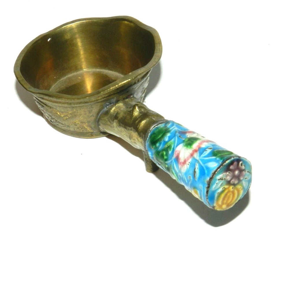 Vintage Chinese Silk Iron Solid Brass Enamel Handle Ashtray Vintage