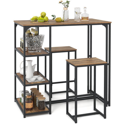 3-Piece Bar Table Set for 2 Bar-Height Dining Table with 2 Stools-Rustic Brown -