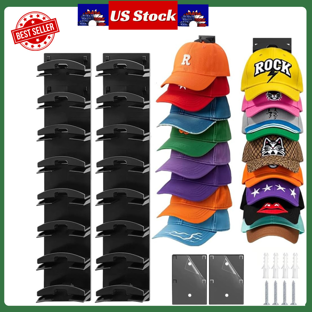 2 Pack Hat Organizer for Wall Adhesive Baseball Cap Rack Holds 16 Hats