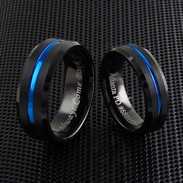 Personalized Engraved Black Tungsten Brushed Thin Blue Line Wedding Band Ring