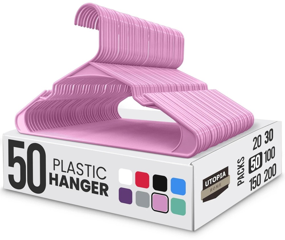 50 Pack Plastic Hangers - Durable Space Saving Closet Organizers Pink