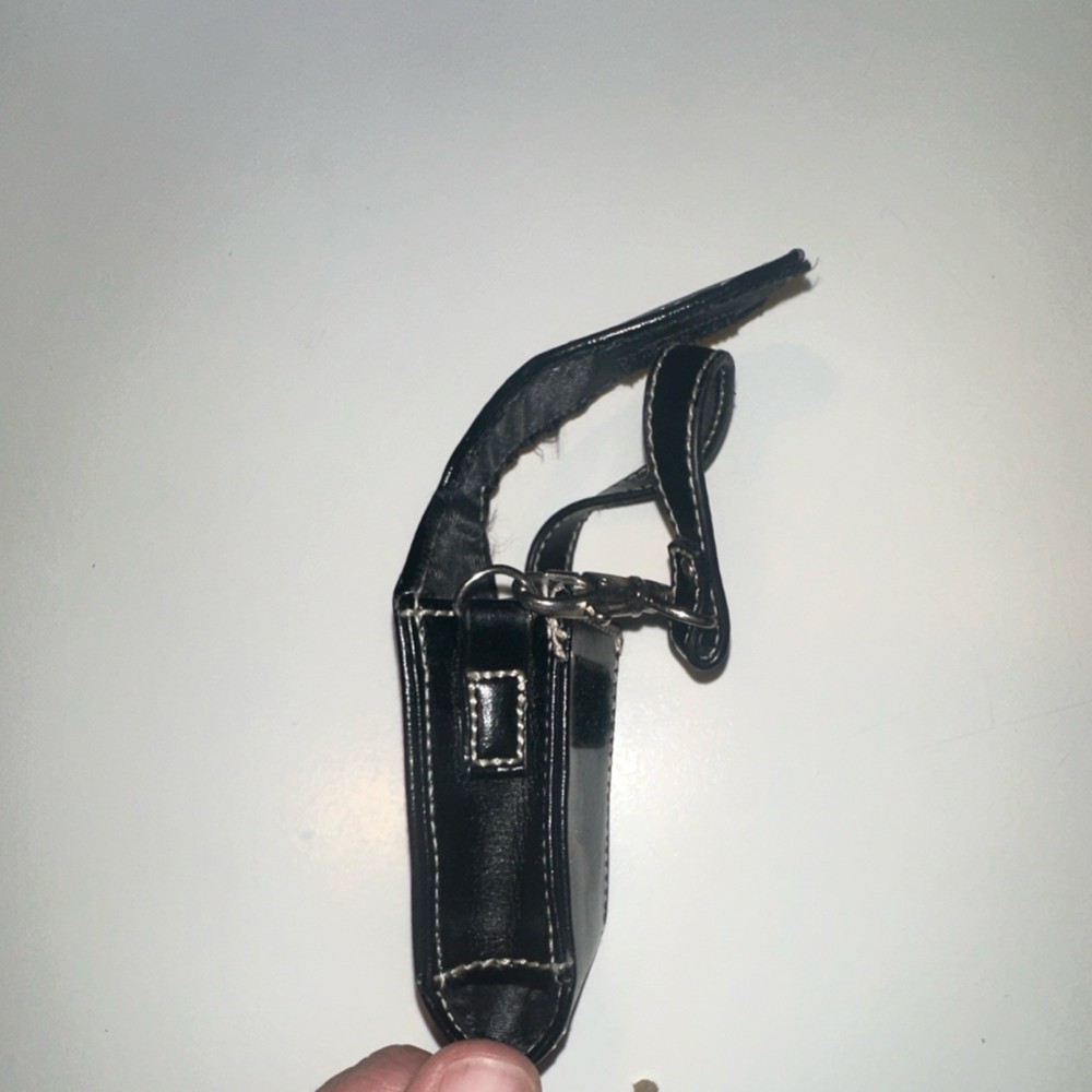 Black Leather Compact Camera Case with Accessory Compartments and Strap