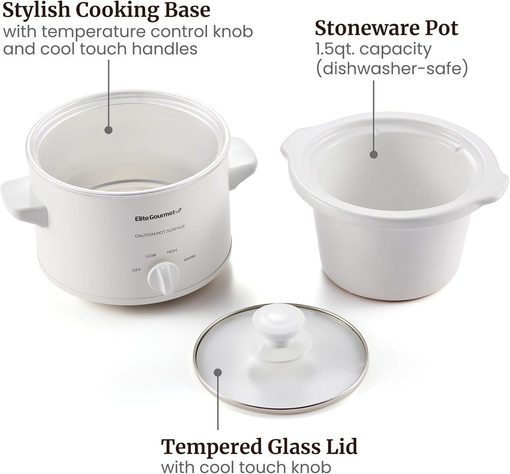 Elegant 1.5 Quart Mini Slow Cooker with Adjustable Temp & Dishwasher-Safe Lid