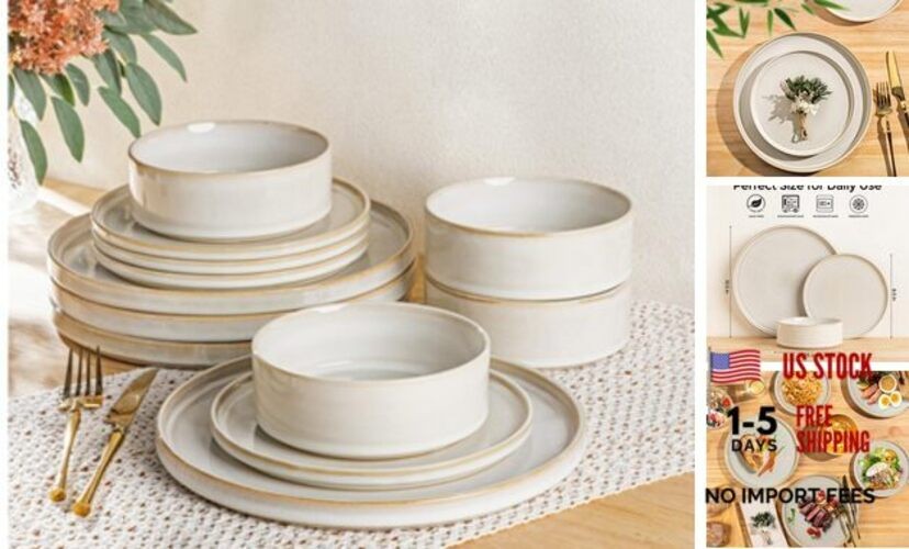 Ceramic Dinnerware Sets, Handmade Reactive Glaze Vanilla White Service for 4