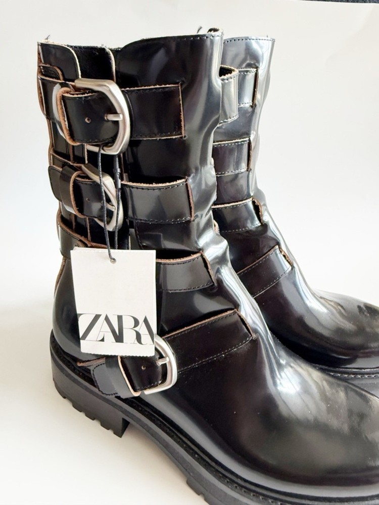 Zara Black Leather Multi Buckle Combat Boots Size 39