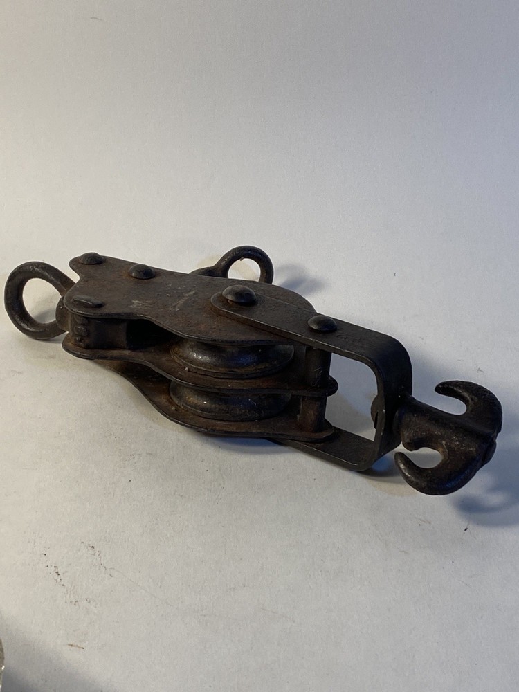Antique Double Pulley w/ Hook & Line Stop 8”