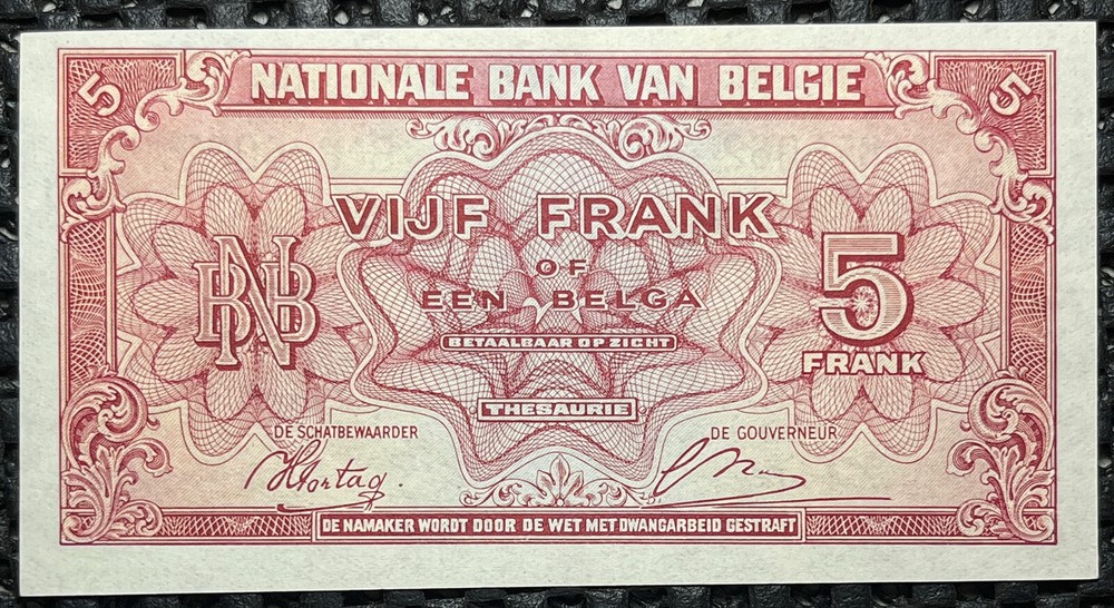 BELGIAN BELGIUM 1943 5 FRANCS UNC prefix S1