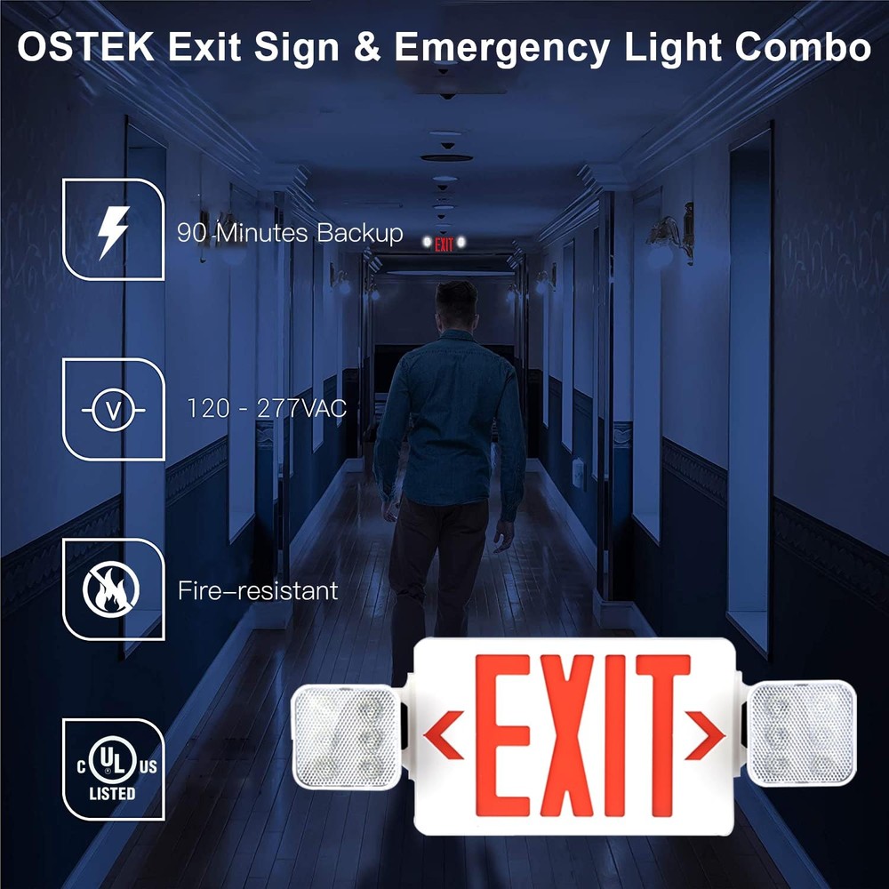 OSTEK LED Exit Sign with Emergency Light, Double-Sided Red Exit Sign Combo wi...