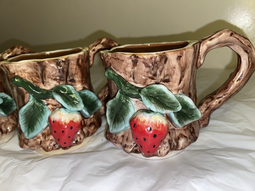 Apple Tree Strawberries Design Bark Ceramic pitcher and cup set damaged