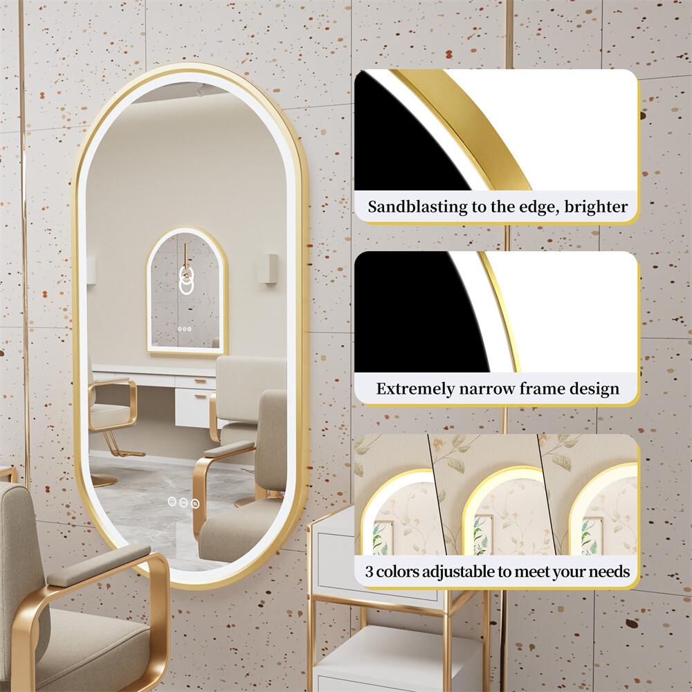 Oval LED Bathroom Mirror Gold Metal Frame Vanity Mirrors Dimmable 3 Touch Switch