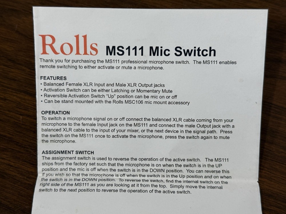 Rolls MS111 Microphone Muting Switch (New)
