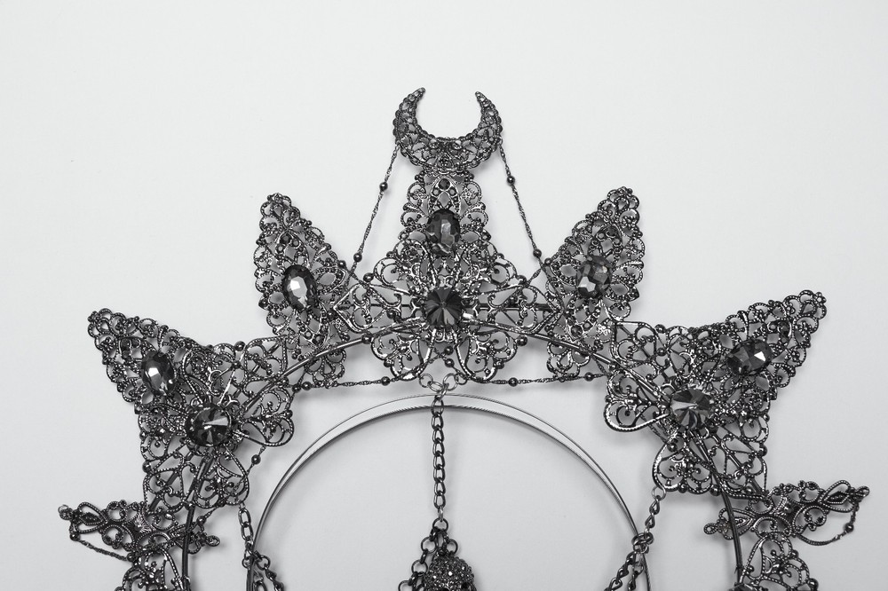Gothic Moon Crescent Spiked Crown Headpiece with Beaded Fringe