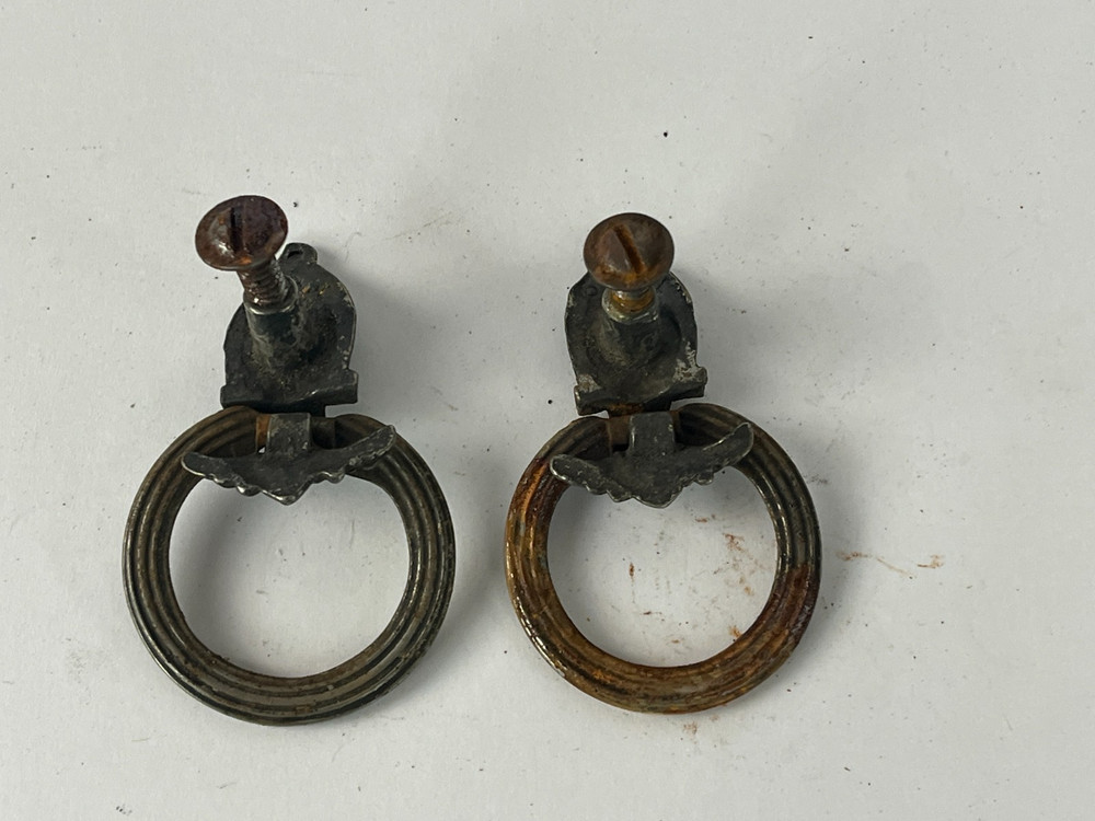 2 Antique Solid Brass Drawer Pulls - Drop Ring Pull Knobs - Victorian Colonial
