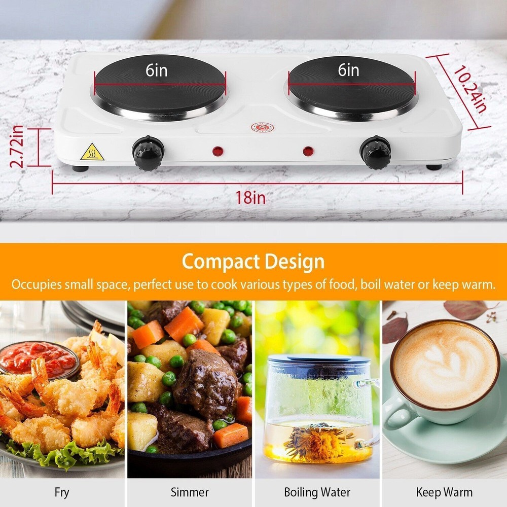 Double Electric Hot Burner Flat Plate Countertop 5 Temperature Controls 2000W