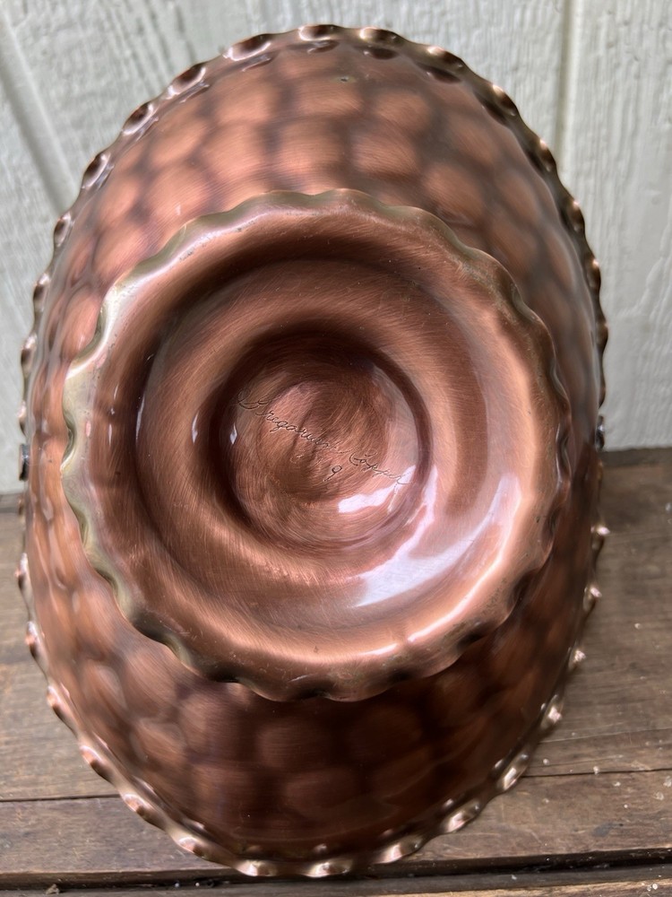 VTG Solid Copper Footed Basket with Scalloped Edge, Twisted Handle