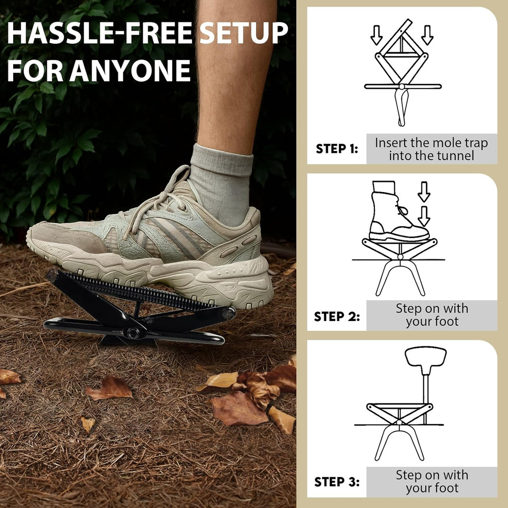 2 Pack with 4 Flags- Stainless Steel Ground Mole Traps, Easy Step Setup Mole Kil