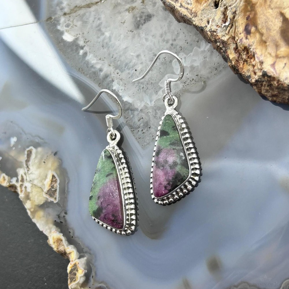 Sterling Southwestern Style Triangular Ruby Zoisite Dangle Earrings For Women