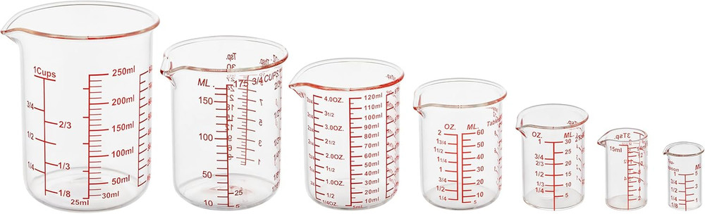 Ackers 7-Piece Glass Measuring Cup Set, Borosilicate Beaker Style Nesting Liquid