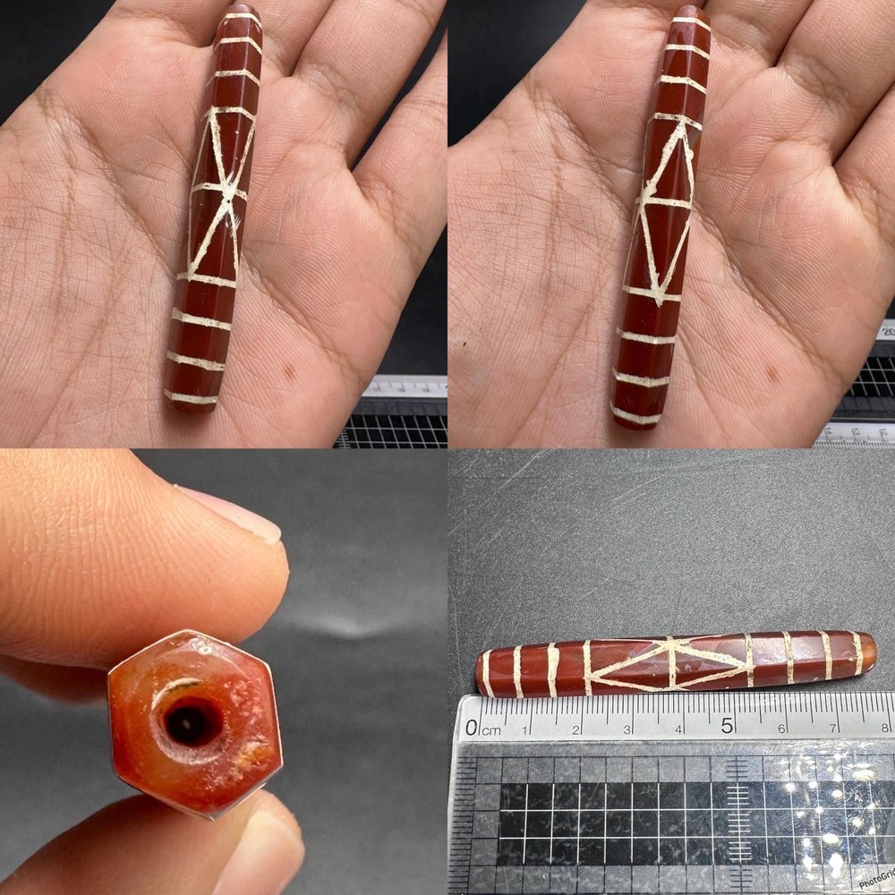 Old Roman Carnelian Long Barrel Bead Etched Geometric Design Hexagonal E