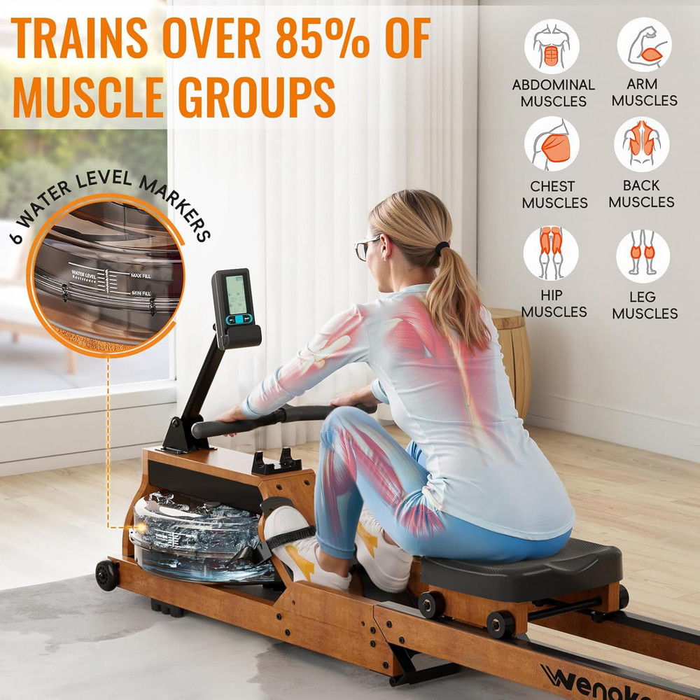 Water Rowing Machine for Home Use, Wooden Foldable Rower Machine with Adjustabl
