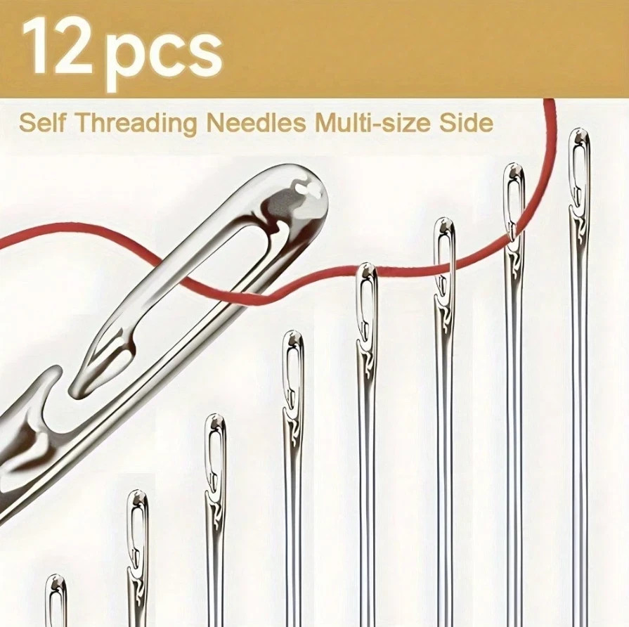 1pc 12‑Pack Self‑Threading Sewing Needles – Easy Thread, Assorted Sizes - NEW**