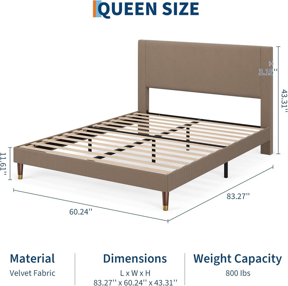 Queen Size Upholstered Bed Frame,Brown Platform Bed with Modern Fabric Headboard
