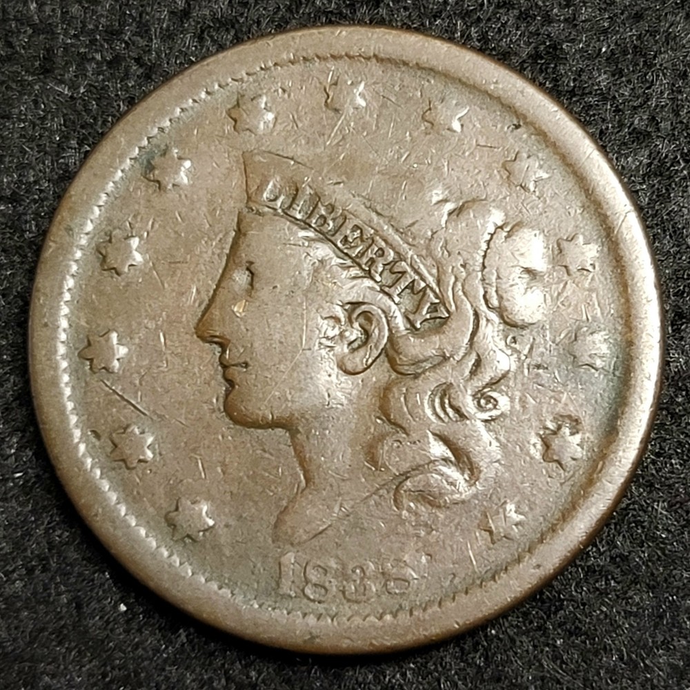 1838 Coronet Head Large 1c Cent VG