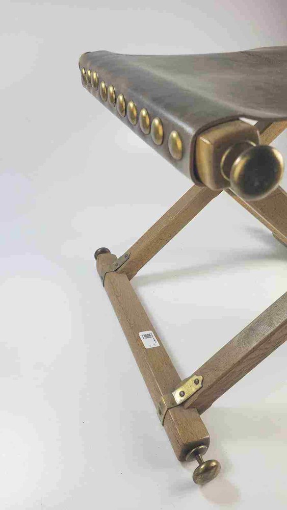 Vintage Oak Leather And Brass Camp / Campaign Folding Stool
