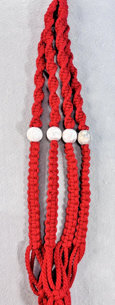 Vtg Macrame Plant Hanger Red White Balls