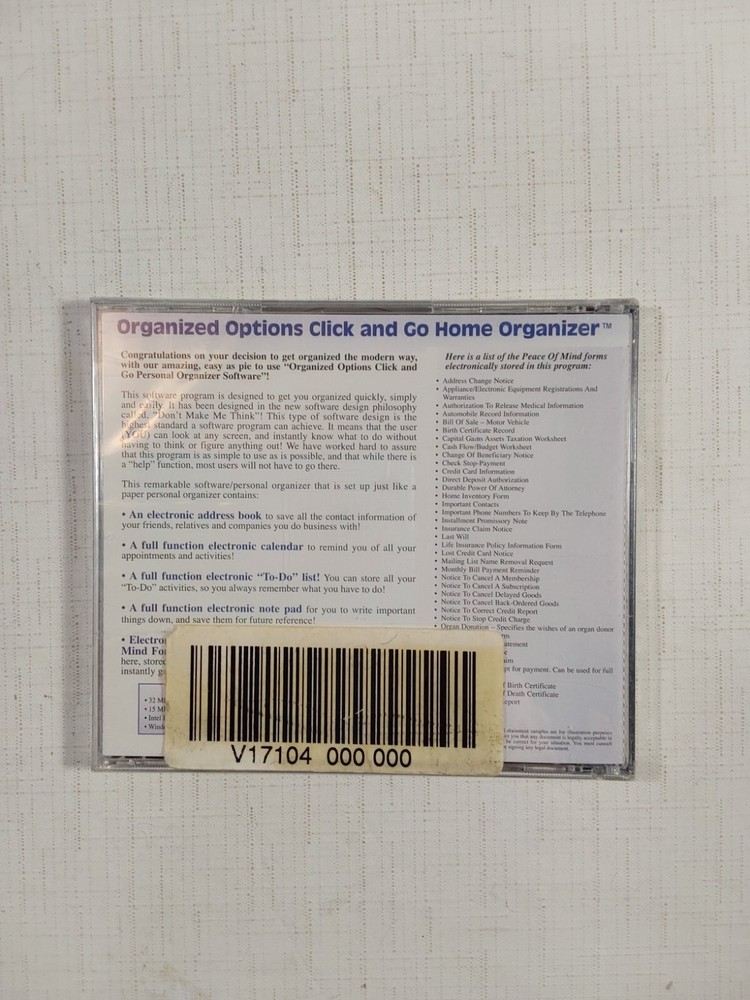 Organized Options Click n’ Go CD ROM Home Organizer CD