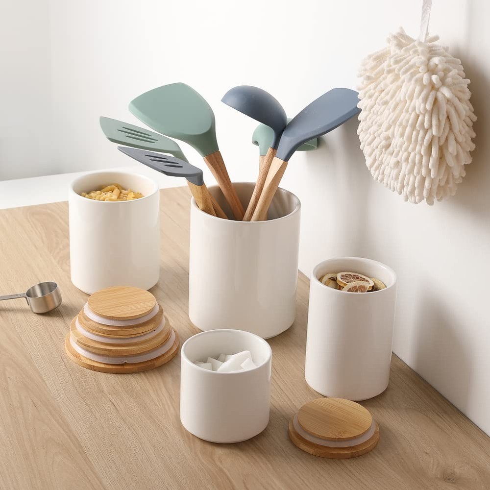Keep Coffee Fresh Longer - 4 Ceramic Stackable Canisters White