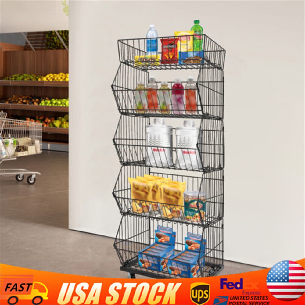 5 Tier Wire Grid Retail Display Shelf Merchandise Display Rack Stand W/ Wheels