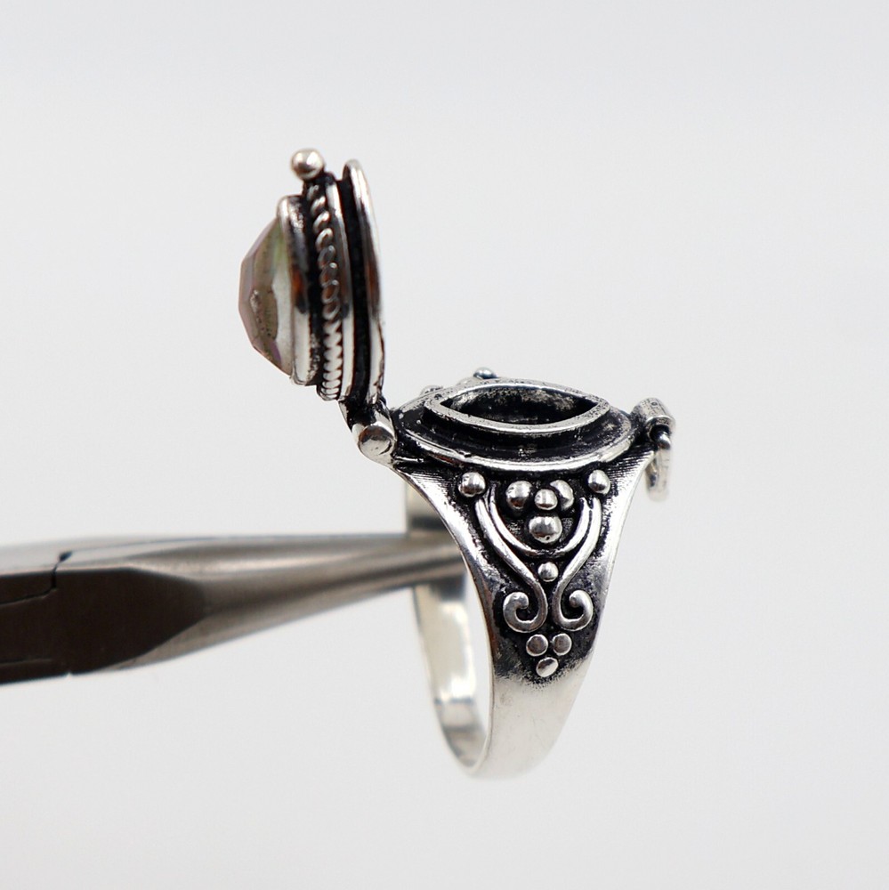 Aurora Opal Stone Poison Ring, 925 Silver Platted, Compartment Pill Box Ring