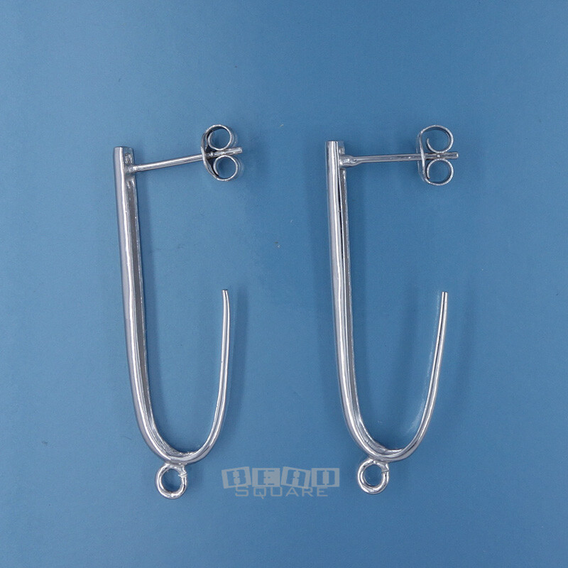 2 Sterling Silver Long J Stud Post Earrings w/Clutches, Open Loop 34mm #33575