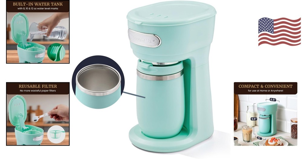 Sleek Mint Single-Serve Coffee Maker with Reusable Filter & Auto Shut-Off